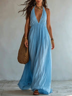 Halter Deep V Gathered Empire Waist Flowy Chiffon Maxi Dress