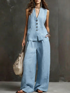 Linen Blend Sleeveless Vest & Wide-Leg Pants Set