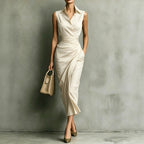 Women's Burgundy Sleeveless Wrap Shirt Midi Dress - Elegant Office & Evening Wear