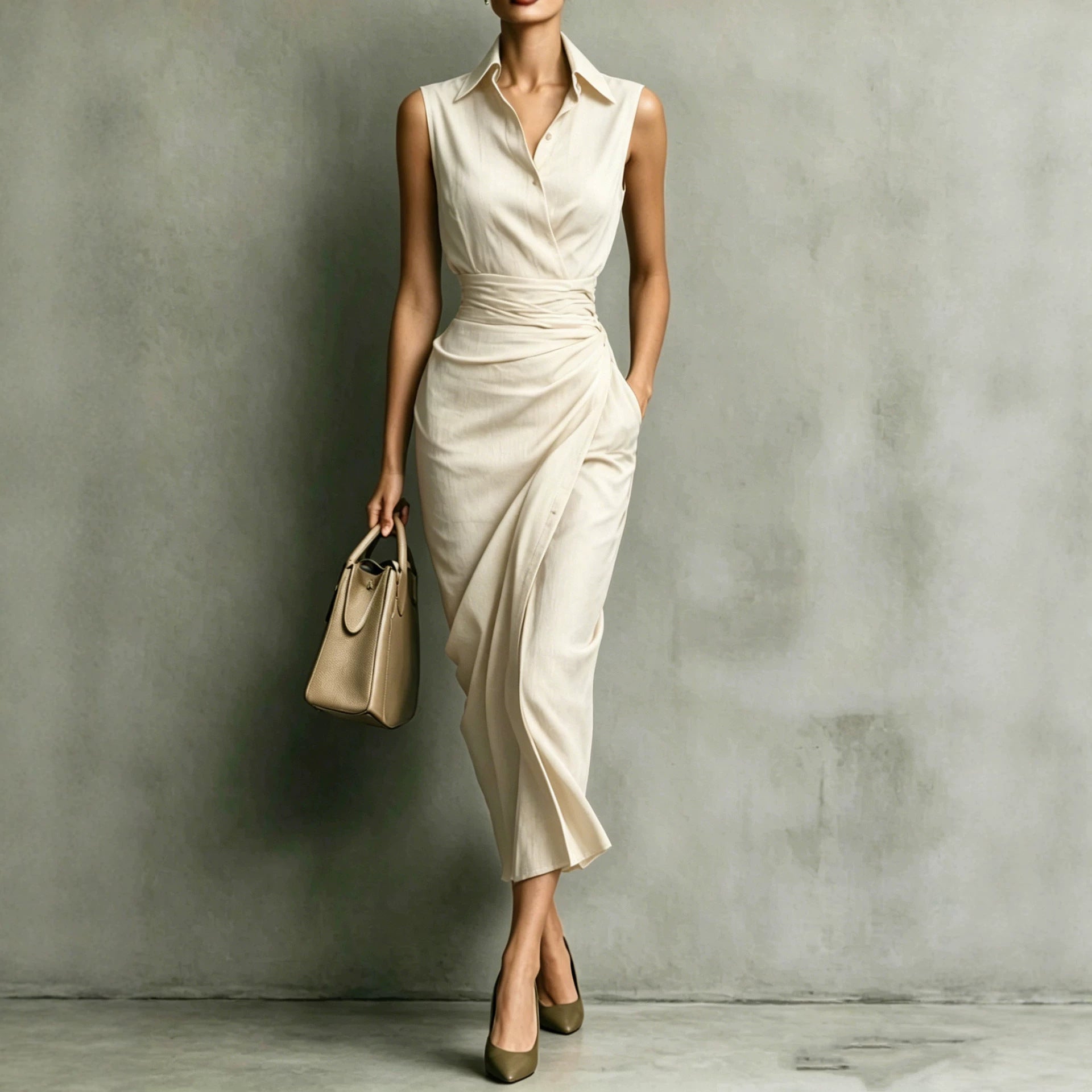 Women's Burgundy Sleeveless Wrap Shirt Midi Dress - Elegant Office & Evening Wear