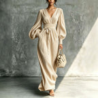 Women'S Pleated Surplice V‑Neck Balloon Sleeve Maxi Dress