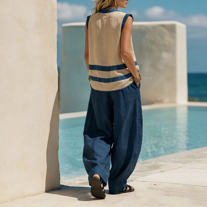 V-Neck Sleeveless Vest Wide-Leg Pants Suit Loose Casual Two-Piece Set For Women