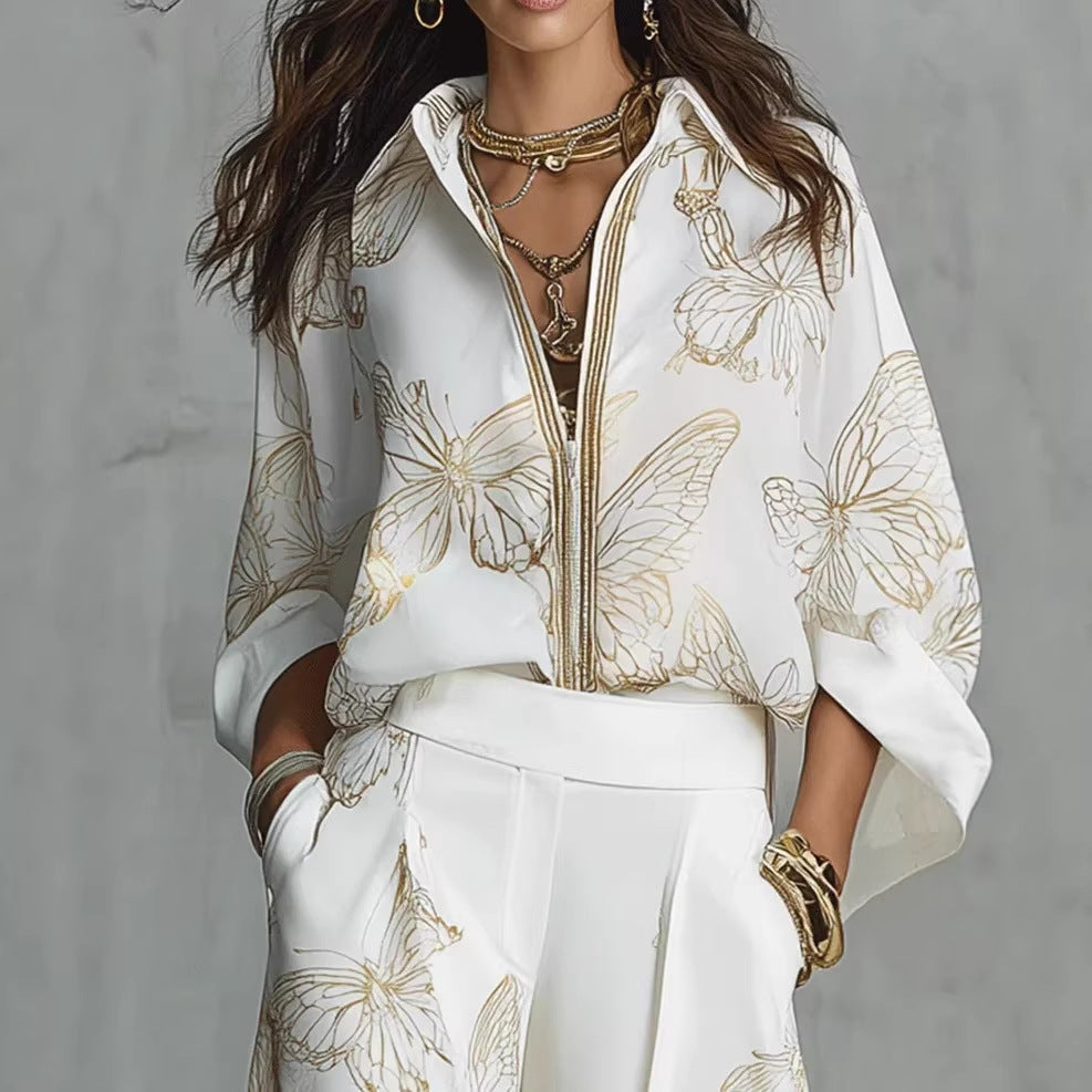 High Waist Wide Leg Pants Two Piece Set, Luxury Satin Elegant Vacation Matching Outfit