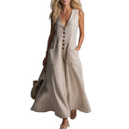 Pocket Deep V-Neck Solid Color Casual Dress