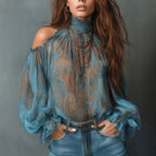High Neck Ruffle Trim Long Sleeve Chiffon Top