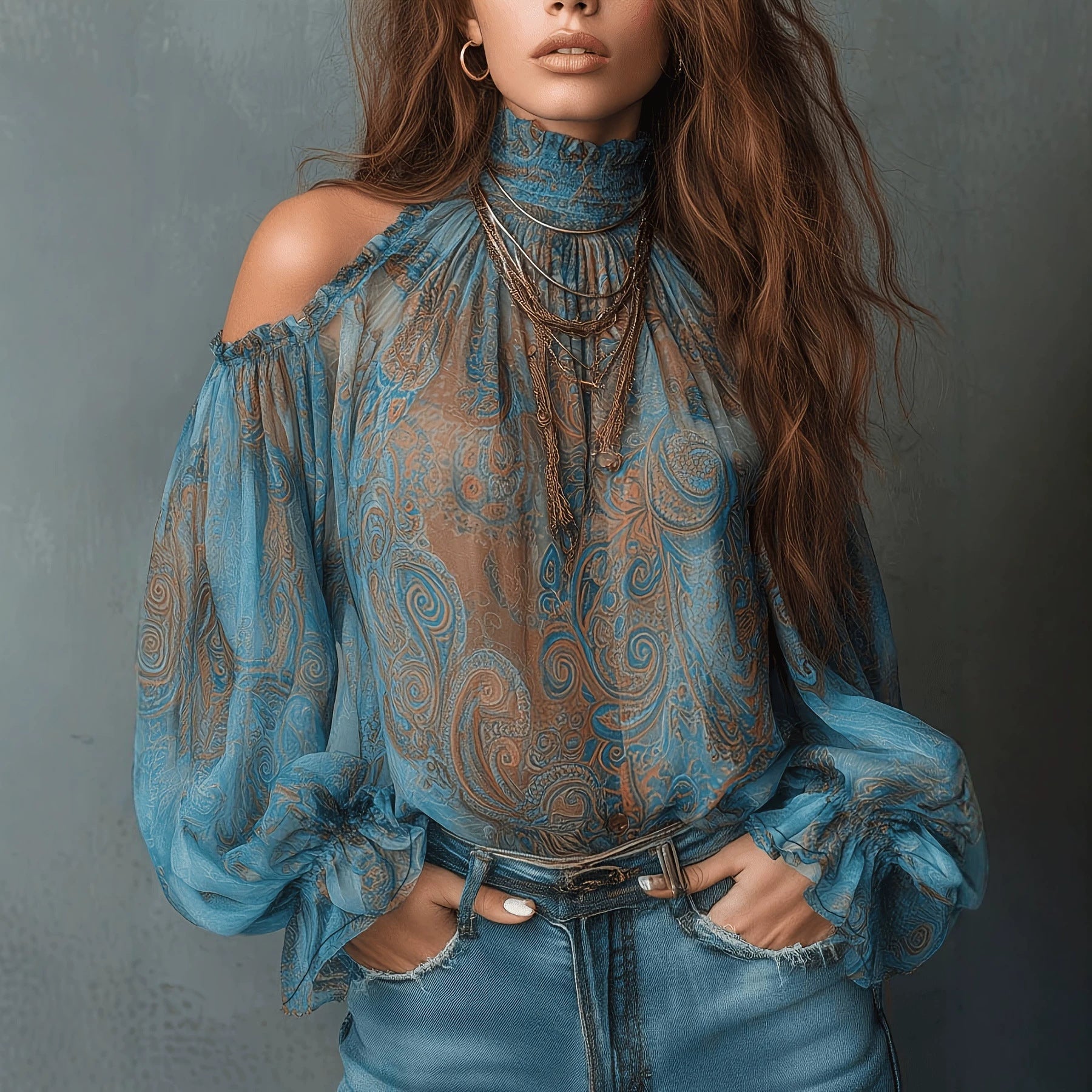High Neck Ruffle Trim Long Sleeve Chiffon Top