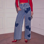 Light Wash Heart Patch High Waist Wide Leg Denim Jeans