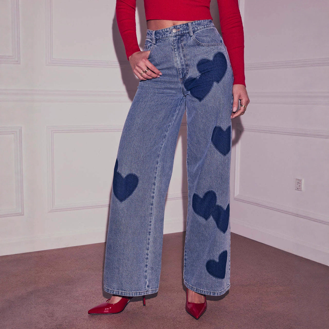 Light Wash Heart Patch High Waist Wide Leg Denim Jeans