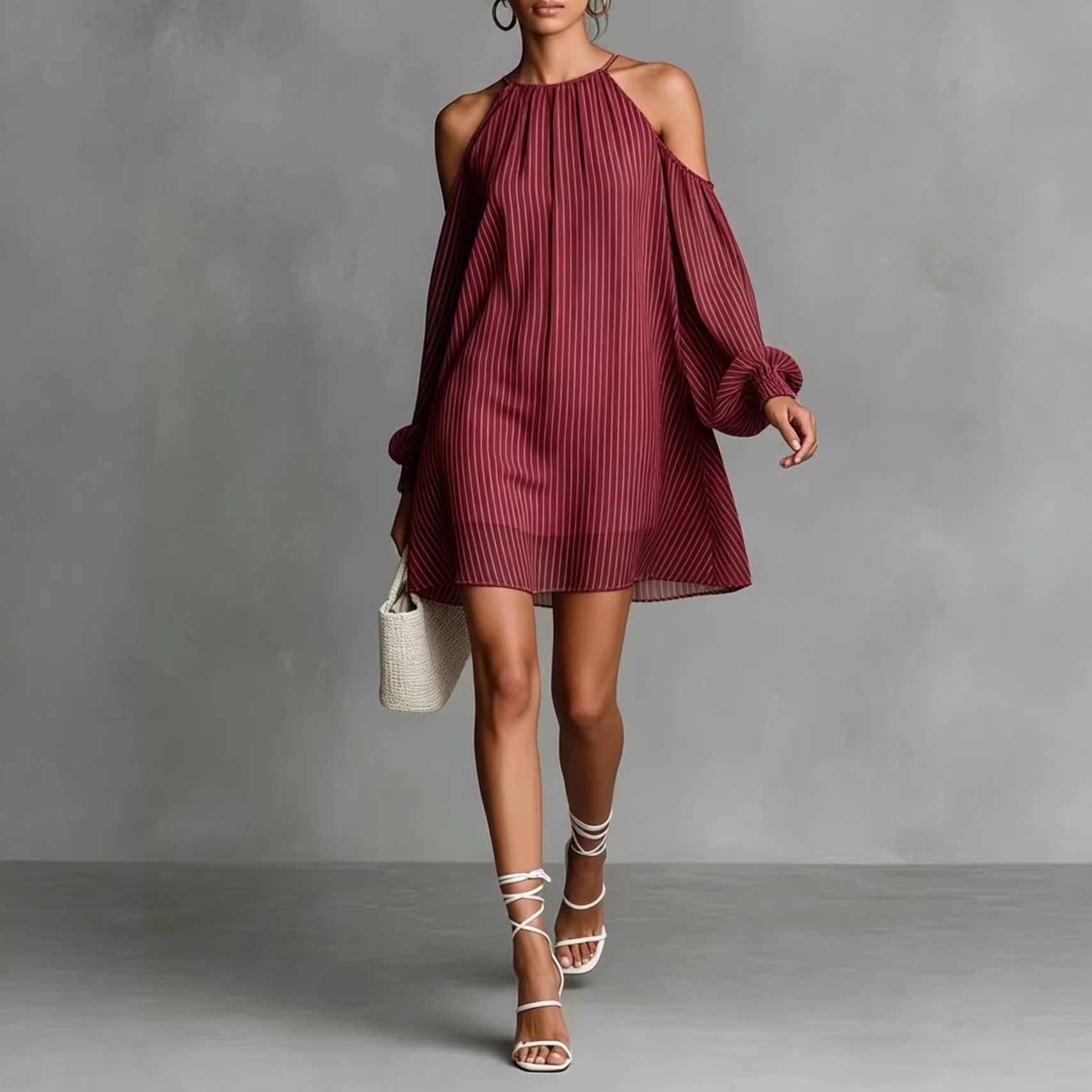 Striped Halter Cold-Shoulder Mini Dress