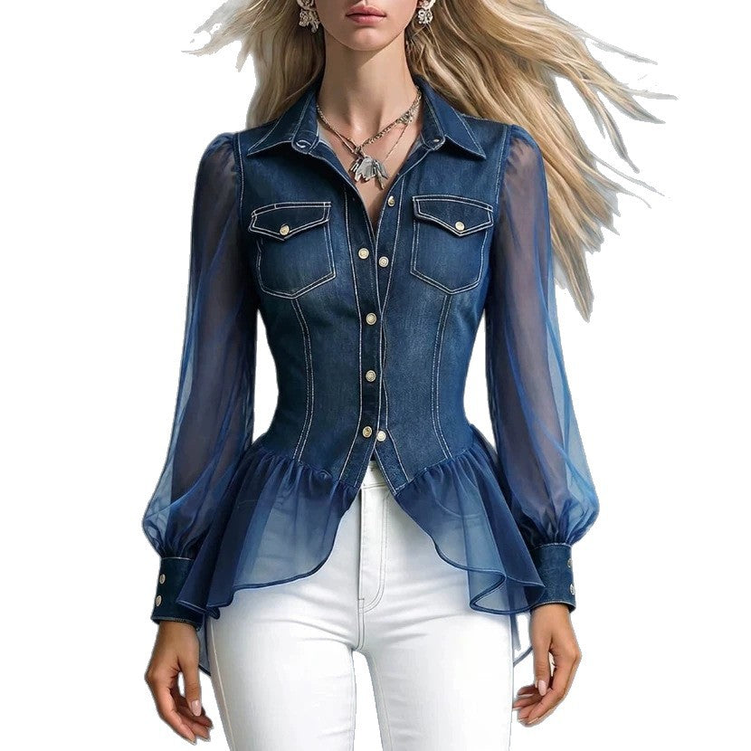 Denim Sheer Organza Puff Sleeve Peplum Fitted Shirt Blouse