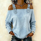 Denim Cold‑Shoulder Top with Adjustable Buckle Straps, Long‑Sleeve Off‑Shoulder Blouse