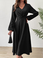 V‑Neck Twist‑Knot Waist Long‑Sleeve Midi Dress