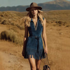 Teal Suede Sleeveless Western Fringe Mini Dress With Embellished Belt