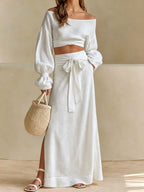 Linen‑Blend Off‑Shoulder Crop Top & Tie‑Waist Slit Maxi Skirt Two‑Piece Set