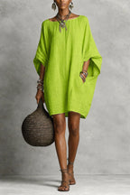 Women's Solid-color round-neck 3/4-sleeve Casual Loose Cotton-linen Dress