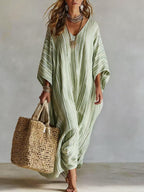 Women's Light Striped Linen-Blend Kaftan Maxi Dress - Oversized V-Neck Beach Cover-Up