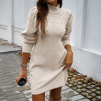 Turtleneck Pearl‑Embellished Puff‑Sleeve Knit Mini Dress