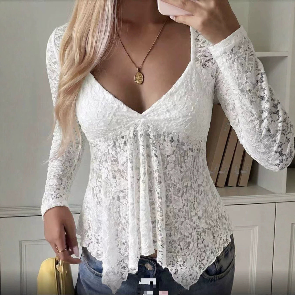 Floral Lace Long Sleeve V-Neck Peplum Top
