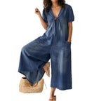 Light Wash Tie-Front Denim Wide-Leg Jumpsuit
