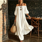 Women White Off‑Shoulder Balloon Sleeve Flowy Maxi Dress