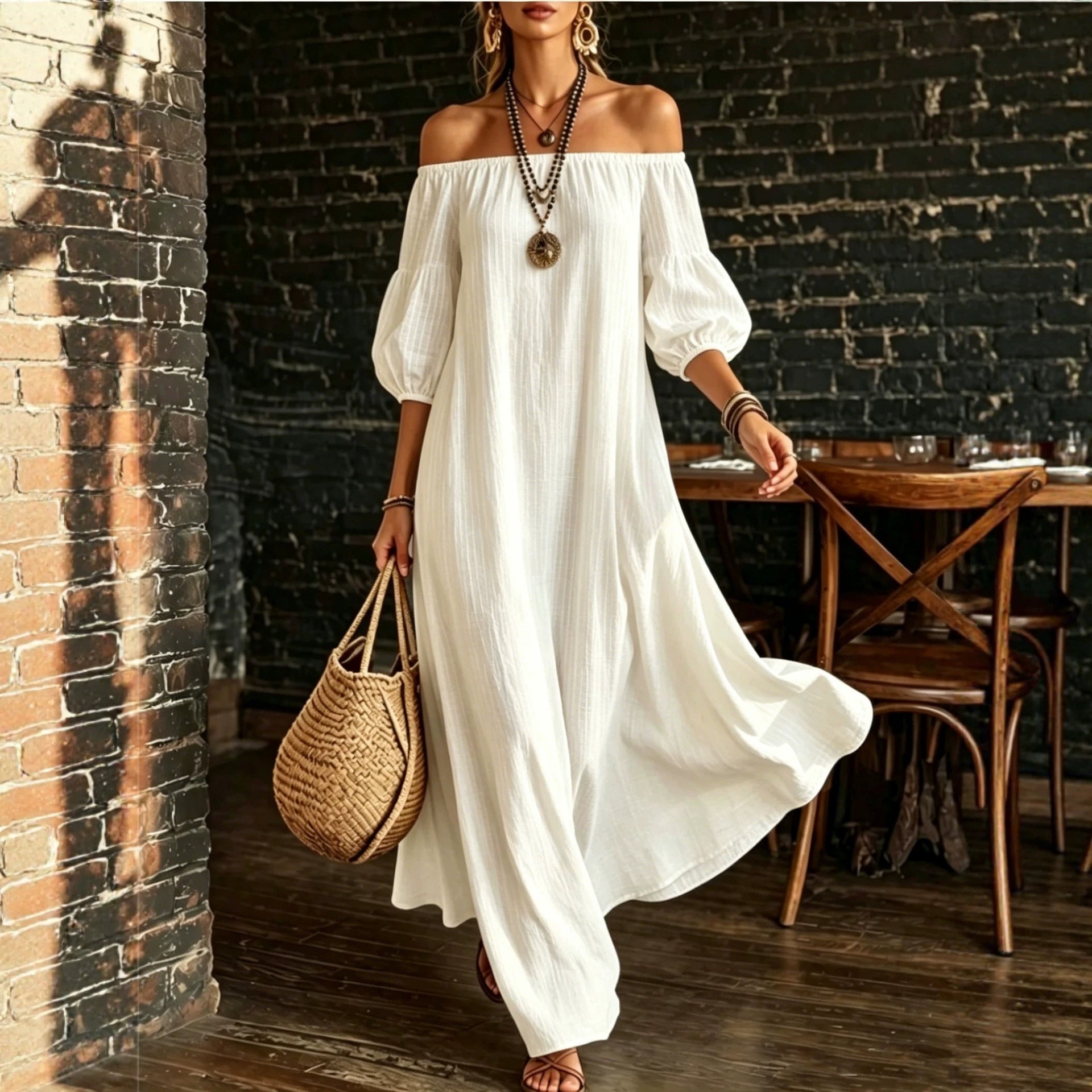 Women White Off‑Shoulder Balloon Sleeve Flowy Maxi Dress