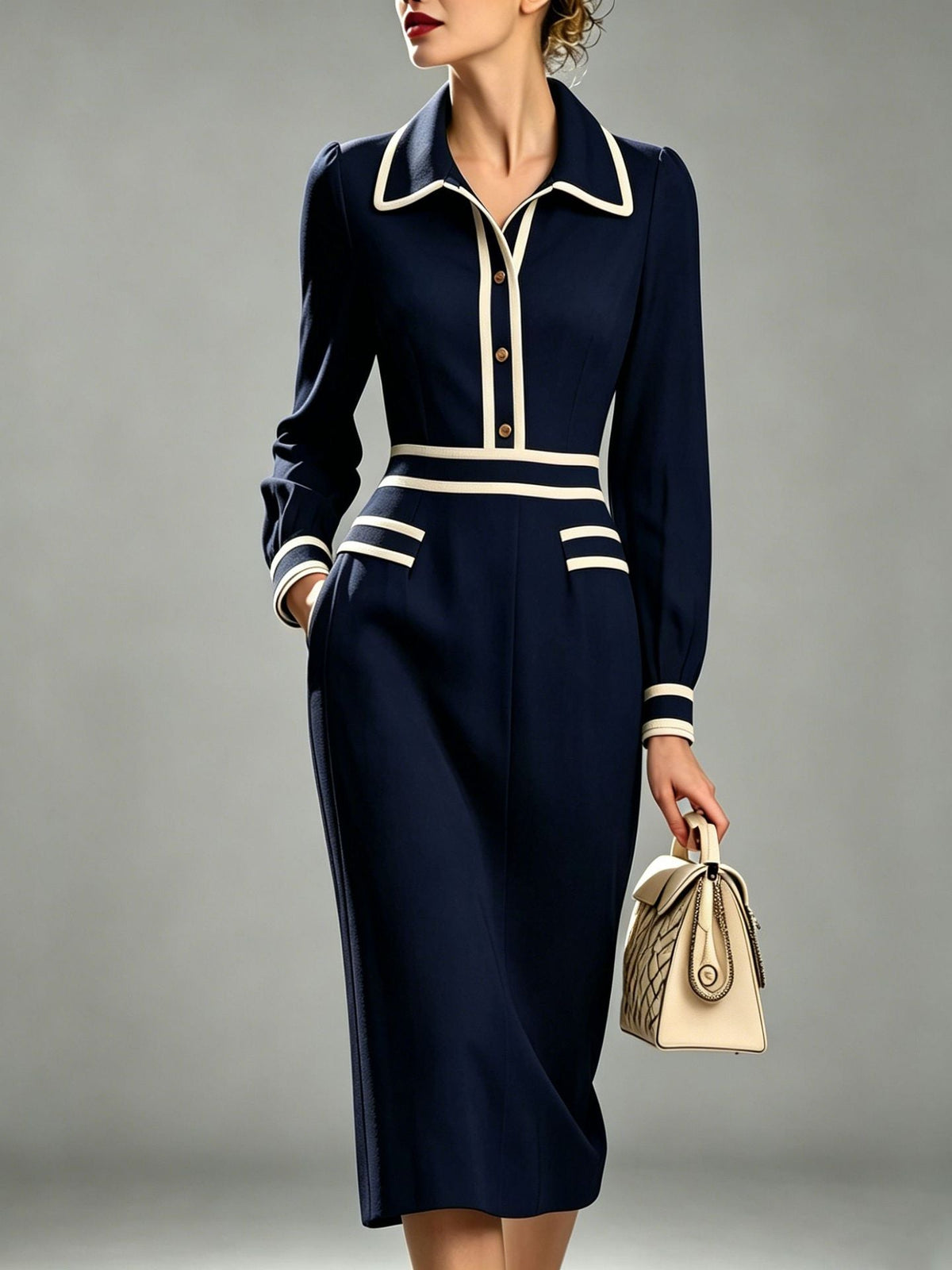 Elegant Contrast Trim Shirt Style Midi Dress For Women