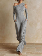 Navy One‑Shoulder Party Wide‑Leg Jumpsuit