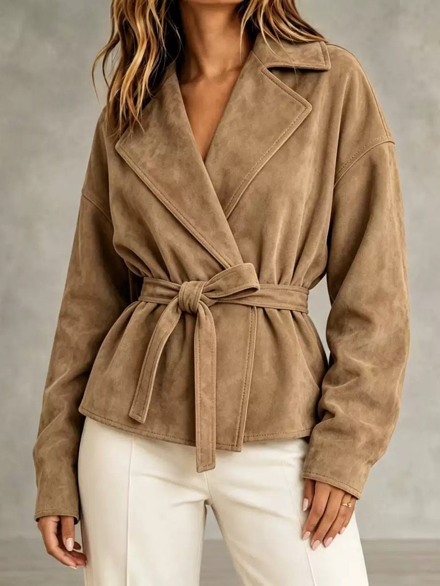 Women's Faux Suede Wrap Jacket with Self-Tie Belt