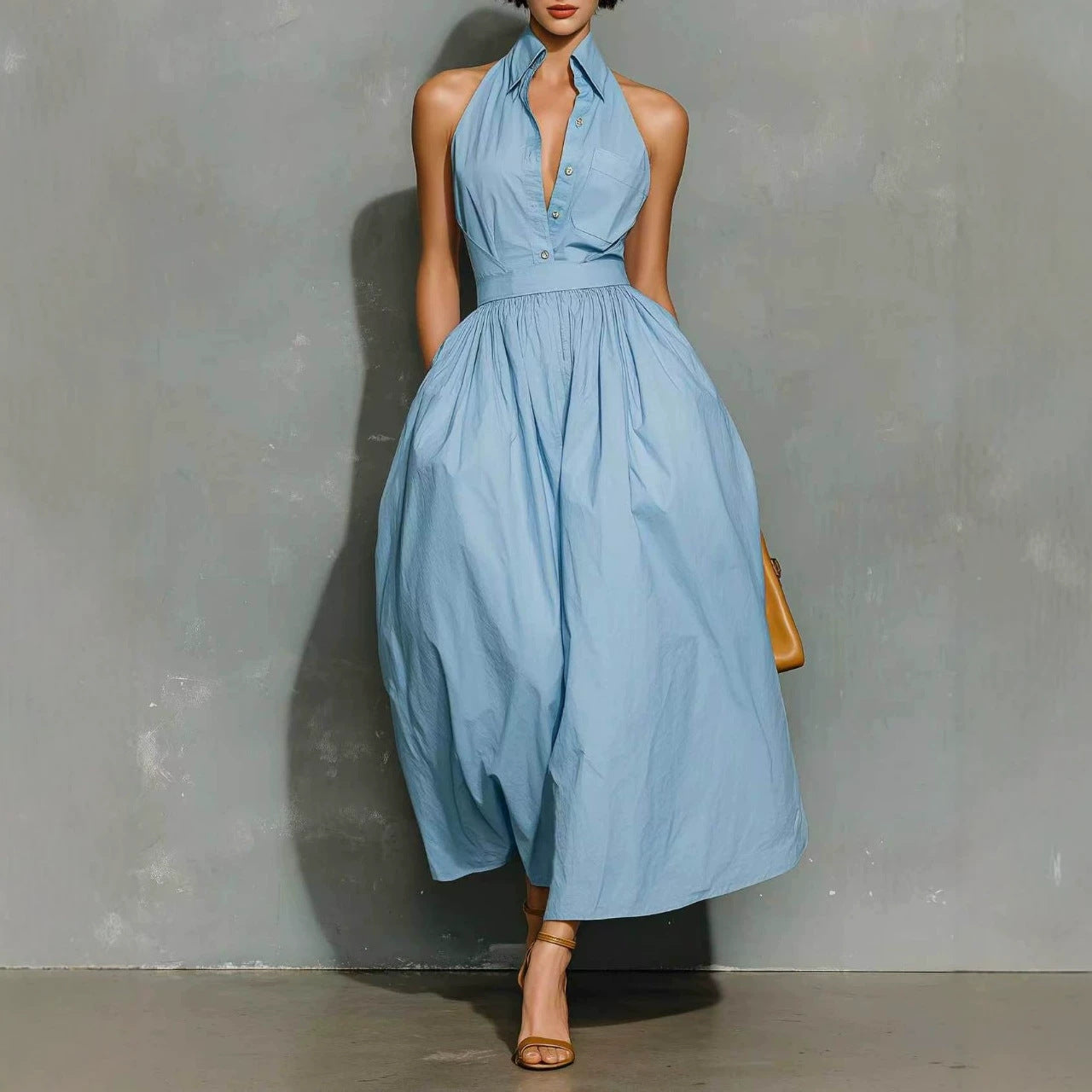 Light Blue Halter Collar Button Front Pleated Midi Cotton Shirt Dress