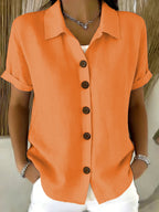 Women's Turn-Down Collar Short Sleeve Linen Shirt
