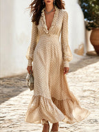 Women's Green White Polka Dot Ruffle V-Neck Long Sleeve Flowy Maxi Dress