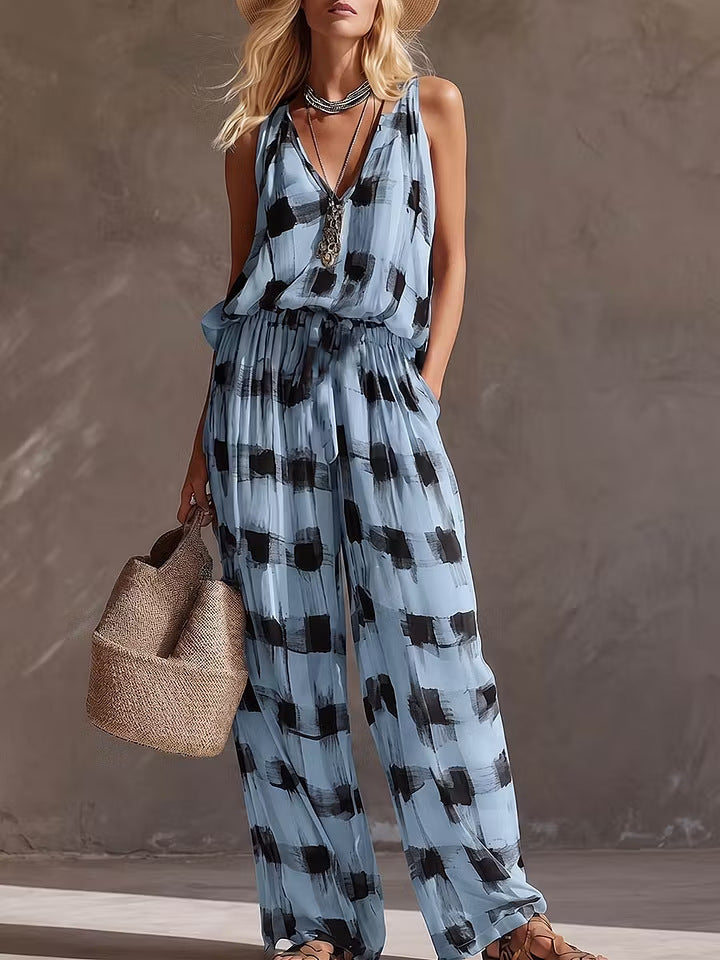 Women'S Abstract‑Print Sleeveless V‑Neck Wide‑Leg Jumpsuit