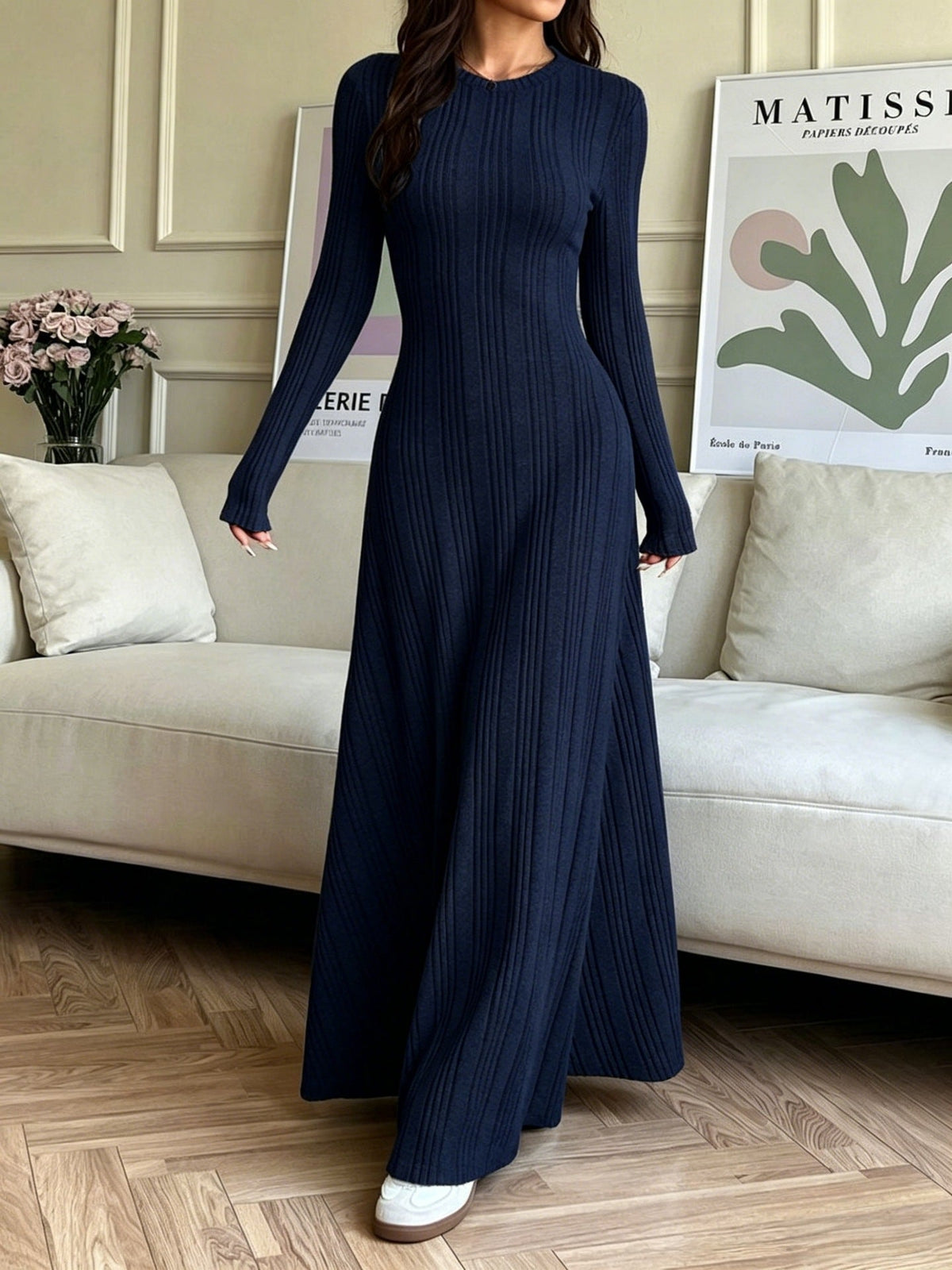 Vintage Chic Elegant Knit Art Casual Round Neck Stylish Long Sleeve Dress