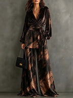 Velvet Wrap Blouse & Wide-Leg Pant Set – Printed Two-Piece