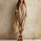 Slanted Shoulder Cotton And Linen Dress Women'S Loose Bat Sleeves Mid-Length Slit Holiday Dress