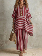 V-Neck Loose Striped Casual Two-Piece Suit