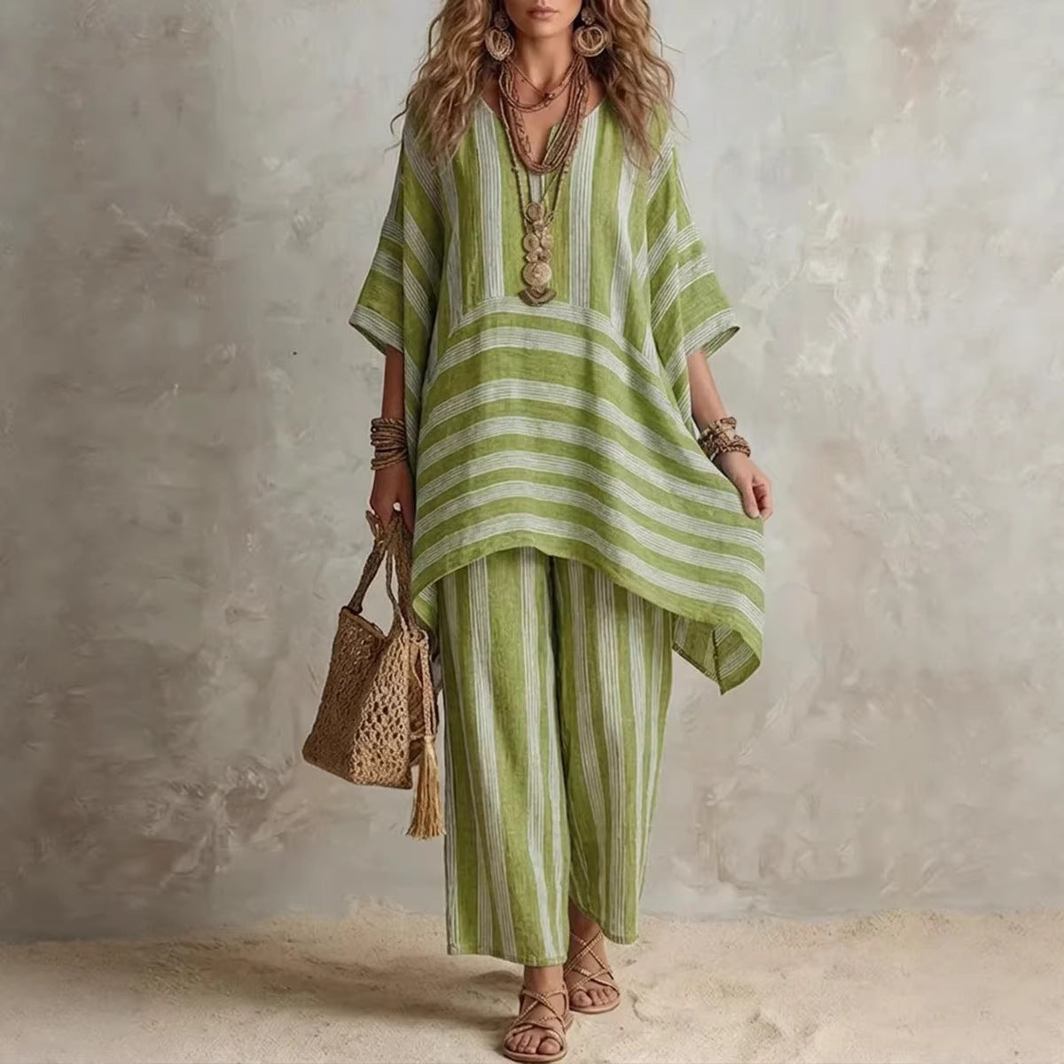 V-Neck Loose Striped Casual Two-Piece Suit