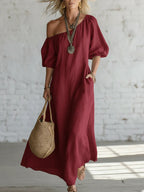 Effortless Off-Shoulder Linen-Blend Maxi Dress