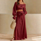 Linen‑Blend Off‑Shoulder Crop Top & Tie‑Waist Slit Maxi Skirt Two‑Piece Set