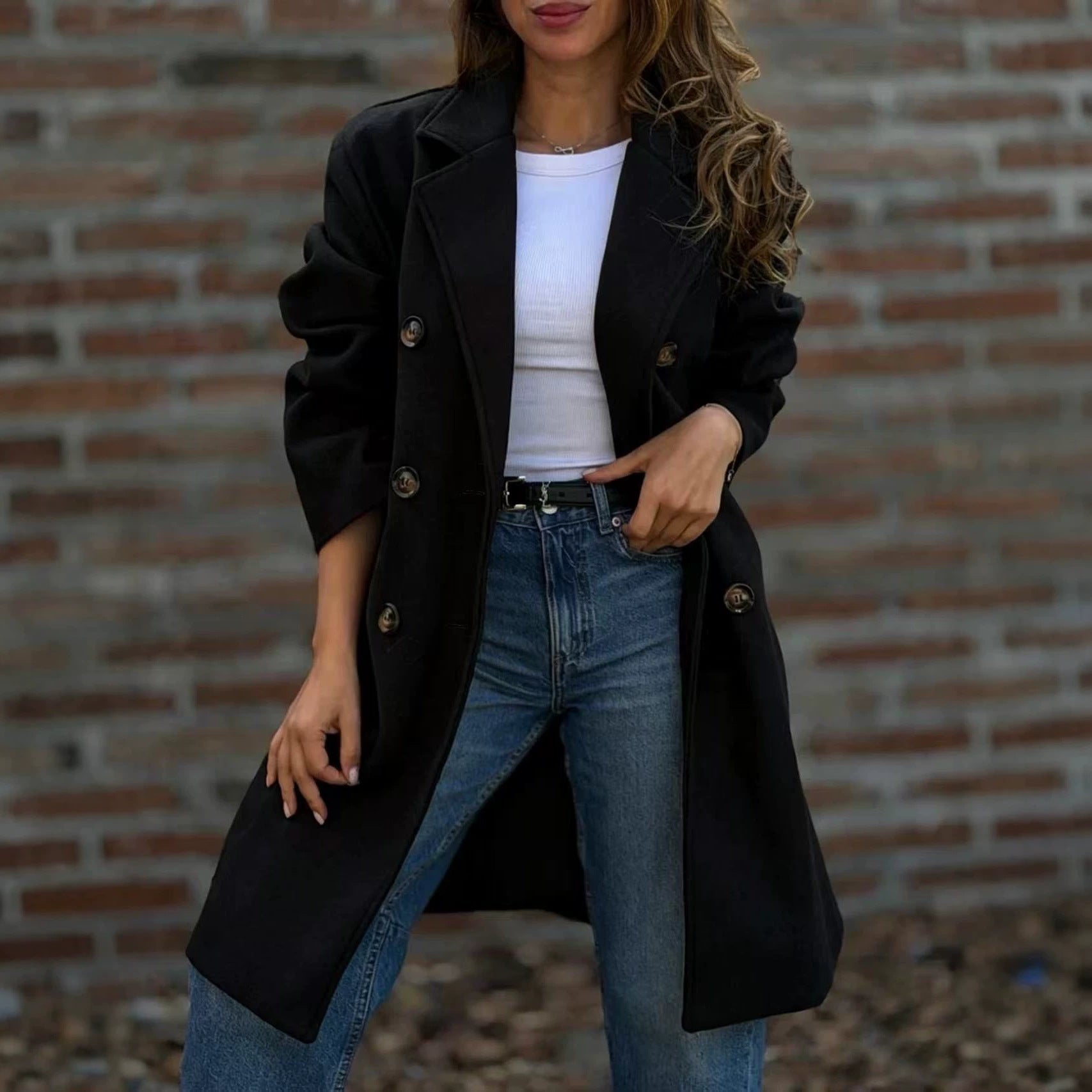 Street Style Autumn And Winter Lapel Double-Breasted Woolen Coat Jacket