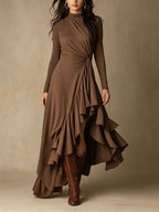 Mock Neck Wrap Dress with Asymmetric Ruffle Hem