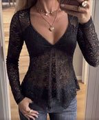 Floral Lace Long Sleeve V-Neck Peplum Top