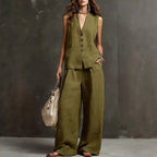 Linen Blend Sleeveless Vest & Wide-Leg Pants Set
