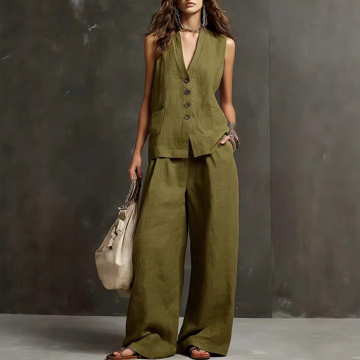 Linen Blend Sleeveless Vest & Wide-Leg Pants Set
