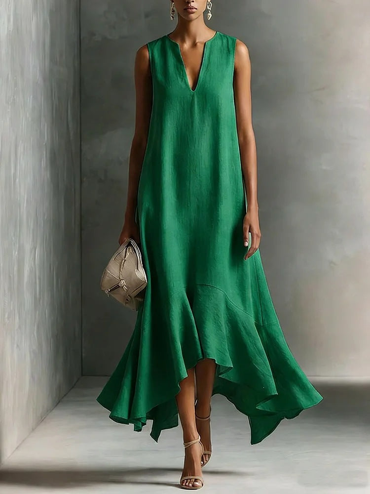 Sleeveless V-Neck Linen Midi Dress with Ruffled Hem
