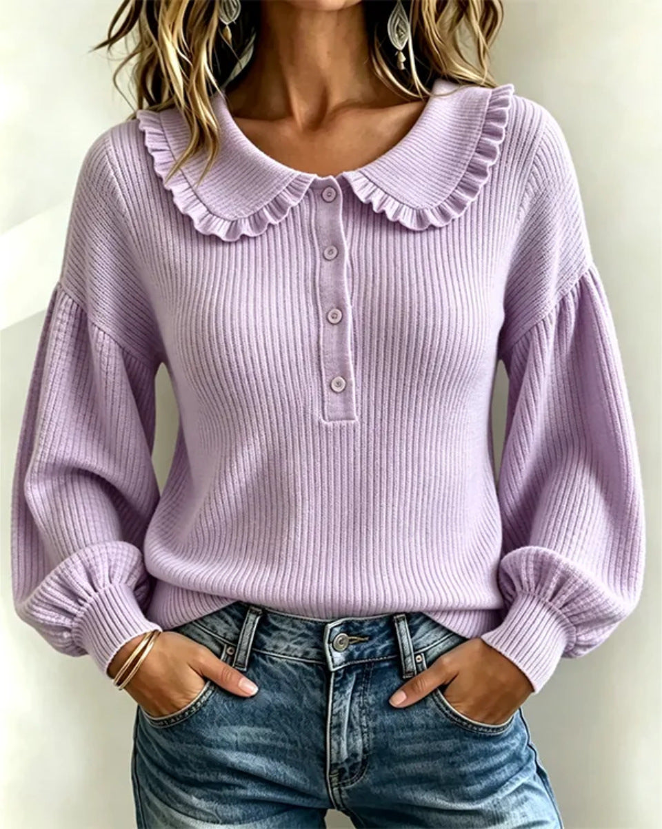 Women's Ruffle Collar Ribbed Knit Sweater