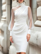 Elegant High-End Satin Mesh Splicing High-Neck Waist-Hugging Evening Dress