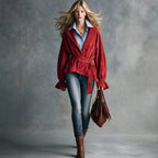 Women Red Wrap Belted Suede Jacket Lapel Flare Long Sleeve Casual Outerwear