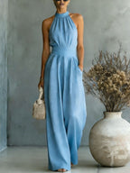 Halter Neck Linen-Blend Wide Leg Jumpsuit
