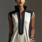 Women's Black & White Color-Block Mini Dress With Stand Collar